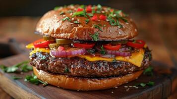 ai generato delizioso Hamburger con carne, formaggio, pomodori, cipolle, e lattuga foto