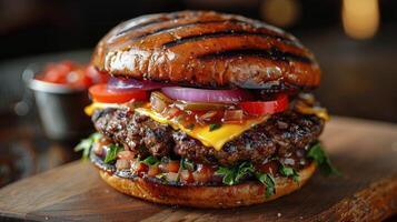 ai generato delizioso Hamburger con carne, formaggio, pomodori, cipolle, e lattuga foto