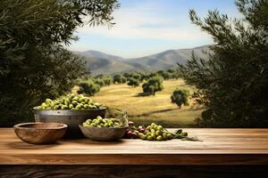 ai generato fresco verde olive nel ciotole su un' di legno tavolo con un' panoramico toscana paesaggio nel il sfondo foto