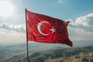 ai generato Turco bandiera è soffiaggio nel il vento foto