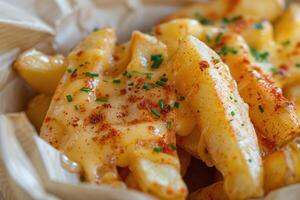 ai generato croccante d'oro francese patatine fritte sormontato con appiccicoso formaggio e cosparso con speziato paprica. foto