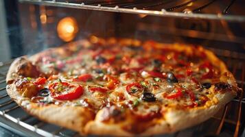 ai generato gustoso fatti in casa Pizza cucinando nel un forno a casa. foto