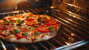 ai generato gustoso fatti in casa Pizza cucinando nel un forno a casa. foto