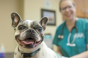 ai generato contento cane a veterinario clinica con medico nel sfondo foto