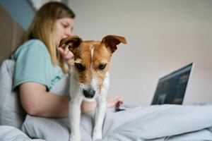 donna con carino cane dire bugie nel letto e utilizzando il computer portatile a mattina foto