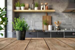ai generato di legno tavolo superficie con in vaso pianta contro cucina fondale foto