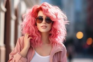 ai generato contento bellissimo donna con rosa capelli e occhiali da sole foto