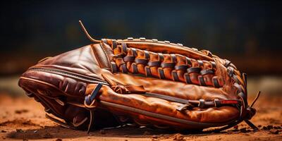 ai generato baseball guanto con baseball campo nel il sfondo. bandiera con posto per testo foto