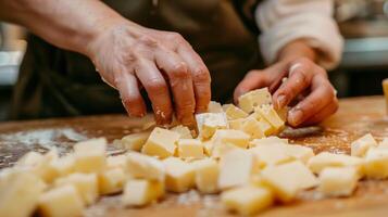 ai generato formaggio degustazione evento con mani campionamento un' pezzo di Gouda. foto