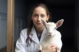 ai generato femmina veterinario Tenere un animale con un' stetoscopio foto