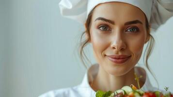 ai generato ritratto di donna nel capocuoco cappello la creazione di buongustaio piatti per di lusso culinario esperienze foto