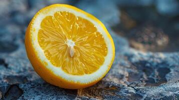 ai generato piccante giallo Limone fette su pietra sfondo. estate agrume freschezza. foto