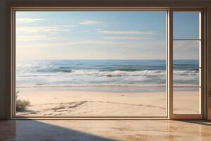 ai generato spiaggia attraverso un Aperto finestra, sfondo mare foto