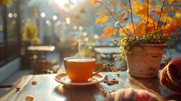 ai generato bar terrazza godendo un' caldo tazza di caffè nel il mattina sole. foto