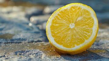 ai generato piccante giallo Limone fette su pietra sfondo. estate agrume freschezza. foto