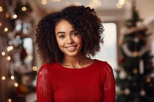 ai generato sorridente nero donna nel Natale Maglione su un' festivo sfondo foto