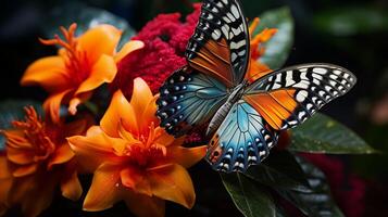 ai generato radiante eleganza. avvicinamento di un' vivace esotico farfalla arroccato su un' superficie foto