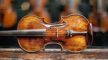 ai generato violino riposo su di legno tavolo foto