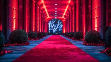 ai generato corridoio con rosso luci e rosso tappeto foto