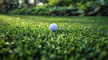 ai generato golf palla su lussureggiante verde campo foto