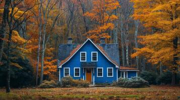 ai generato blu Casa circondato di alberi nel autunno foto