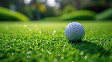 ai generato golf palla su lussureggiante verde campo foto