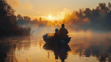 ai generato uomo e bambino pesca nel barca foto
