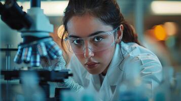 ai generato giovane donna guardare a un' microscopio nel laboratorio foto