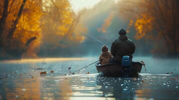 ai generato uomo e bambino pesca nel barca foto