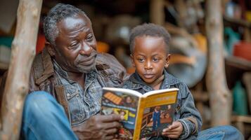 ai generato uomo lettura un' libro per un' bambino foto