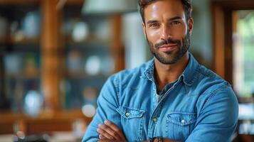 ai generato uomo attraversamento braccia nel davanti di bar foto