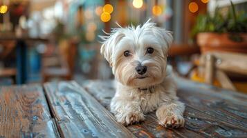 ai generato piccolo bianca cane seduta su di legno tavolo foto