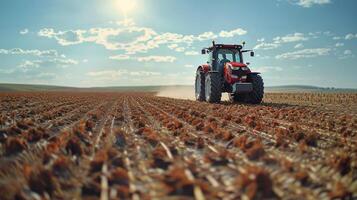 ai generato trattore guida attraverso grande campo foto