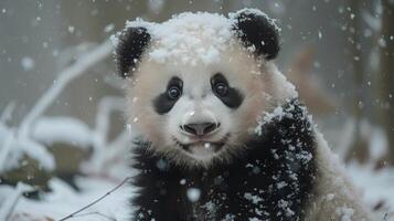 ai generato panda orso a piedi attraverso neve coperto foresta foto