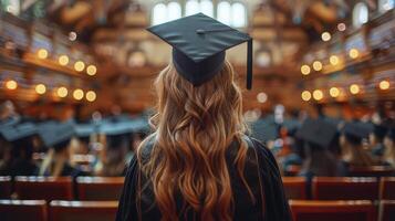 ai generato diplomato donna nel berretto e toga studiando nel biblioteca foto