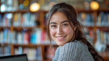 ai generato donna seduta su divano utilizzando il computer portatile computer foto