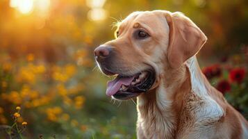 ai generato cane nel campo di fiori foto