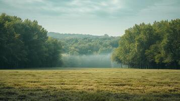 ai generato campo con alberi e nebbia nel distanza foto