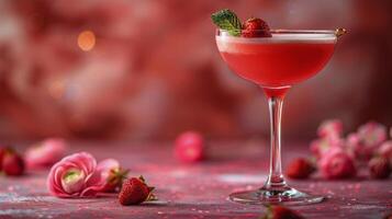 ai generato rosa cocktail con un' fragola contorno foto