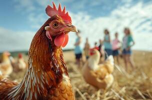 ai generato avvicinamento pollo guardare nel il telecamera con un' gruppo di persone nel un' campo. generato di artificiale intelligenza. foto