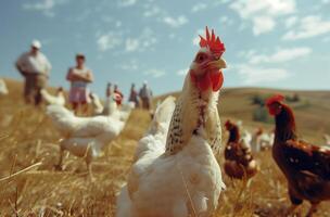 ai generato avvicinamento pollo guardare nel il telecamera con un' gruppo di persone nel un' campo. generato di artificiale intelligenza. foto