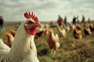 ai generato avvicinamento pollo guardare nel il telecamera con un' gruppo di persone nel un' campo. generato di artificiale intelligenza. foto