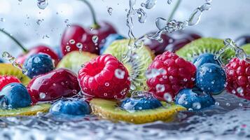 ai generato fresco frutta e frutti di bosco con acqua spruzzata. salutare cibo concetto foto