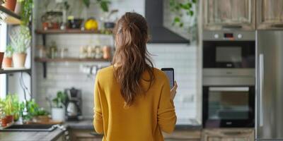 ai generato donna in piedi Il prossimo per Lavello nel cucina foto