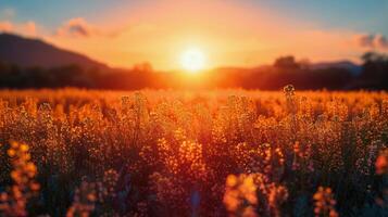 ai generato sole ambientazione al di sopra di campo di fiori foto