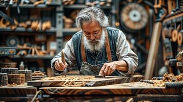 ai generato asiatico falegname Lavorando con attrezzatura utensili su di legno tavolo nel carpenteria negozio. concetto Lavorando di falegname. foto