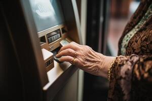 un anziano donna con un' dolce mano gesto, inserti sua pollice in il fessura di il ATM macchina, collocato nel un' bicchiere edificio su il angolo di il strada foto