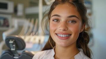 ai generato bretelle verifica sorridente giovane ragazza pose per telecamera nel dentale ufficio foto