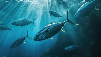 ai generato gruppo di tonno pesce nel il in profondità oceano foto