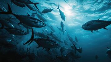 ai generato un' grande gruppo di tonno pesce nuoto nel il oceano foto
